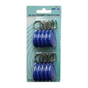 Blue 125KHz RFID Proximity Keyfobs (10 Pack) on packaging for access control systems