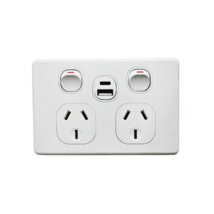 2-Gang Double-Pole Power Outlet + Dual USB Charger