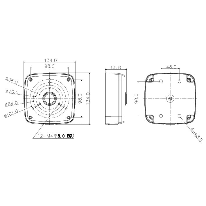 Diagram of adapter junction box for surveillance cameras with measurements and dimensions
