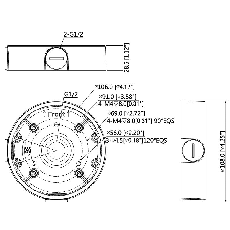 Rhino black surveillance camera adapter junction box dimensions diagram