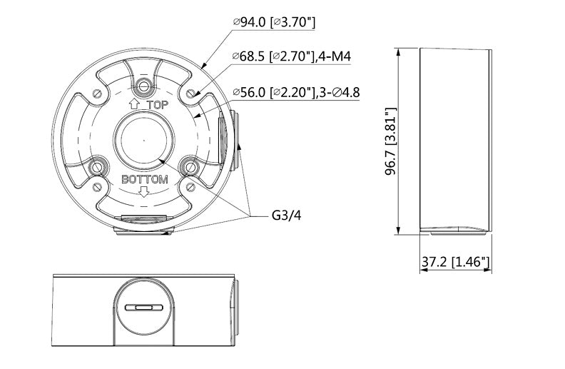 Rhino VSBKTA13A-E surveillance camera adapter junction box dimensions diagram
