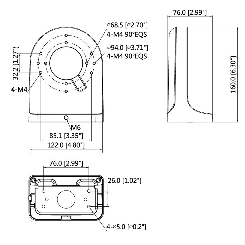 Rhino black right angle wall mount camera bracket dimensions diagram