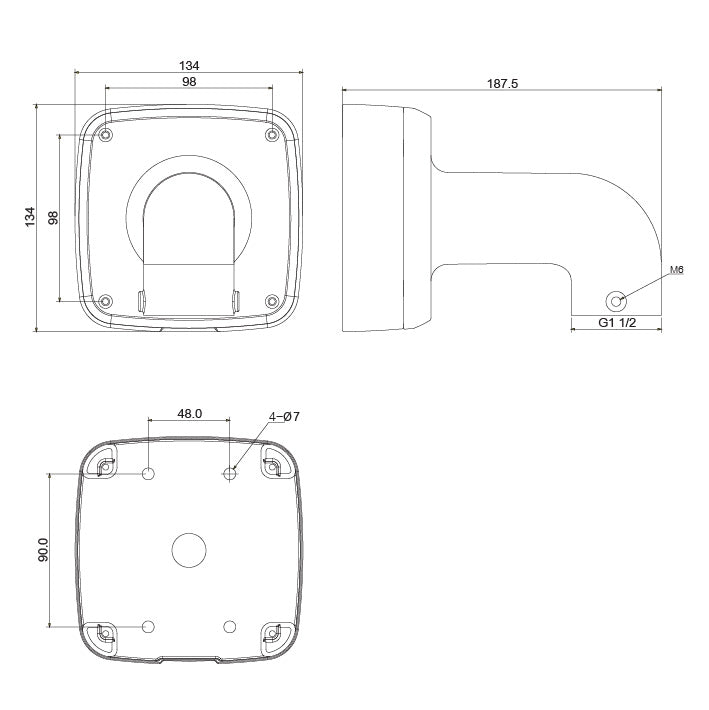 Diagram of right angle wall mount camera bracket dimensions