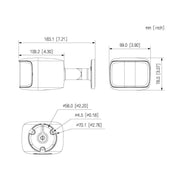 Technical drawing of Professional AI Series 8.0MP camera dimensions in mm and inches for installation guidance.