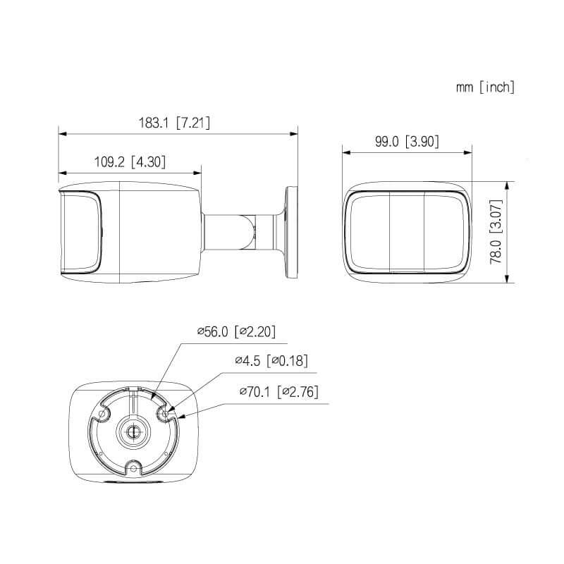 Technical drawing of Professional AI Series 8.0MP camera dimensions in mm and inches for installation guidance.