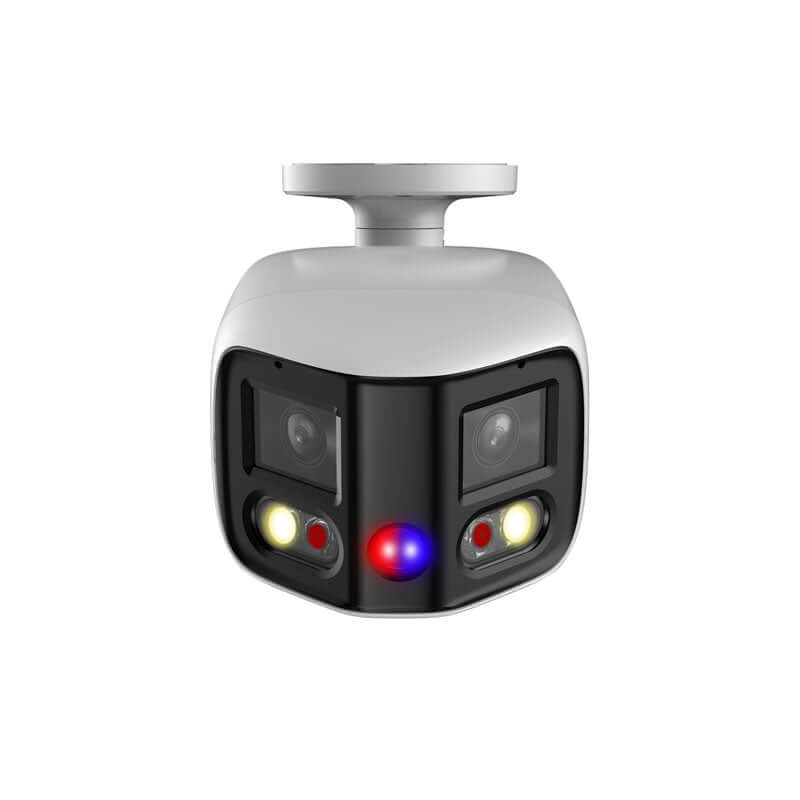 Front view of 8MP AI Active Deterrence security camera with 180-degree coverage