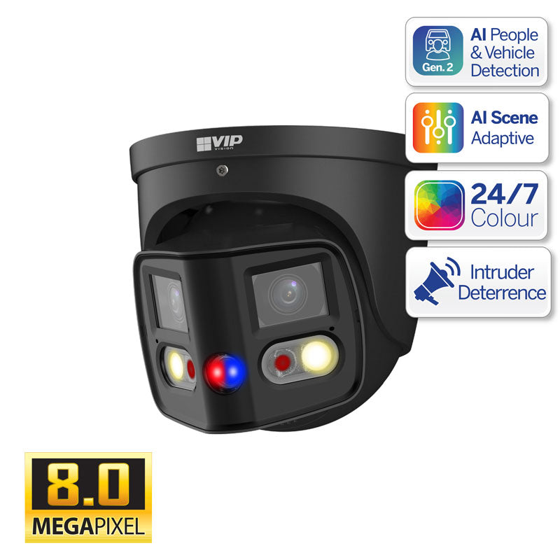 Professional AI Series 8.0MP 180° Active Deterrence Black Turret IP Camera