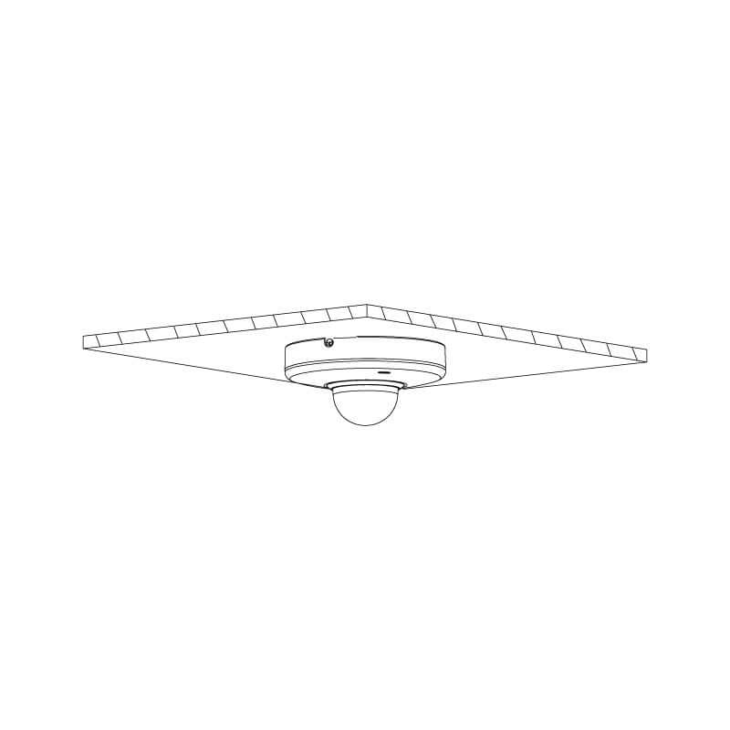 Diagram of a PTZ dome camera installed on a ceiling surface, showcasing its compact design and mounting style.