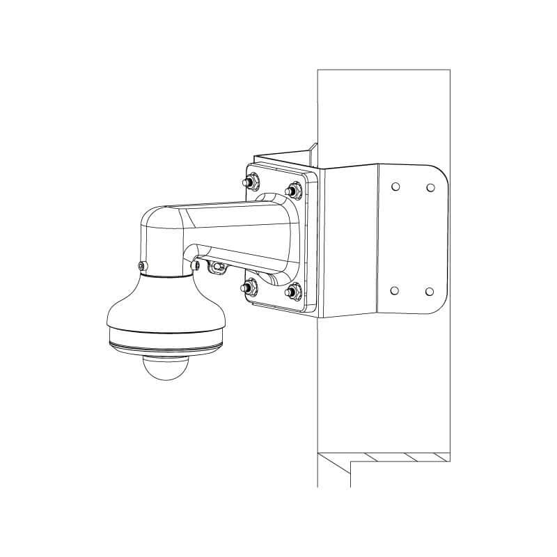 Diagram of a PTZ dome camera mount showing wall attachment and arm design for secure installation.
